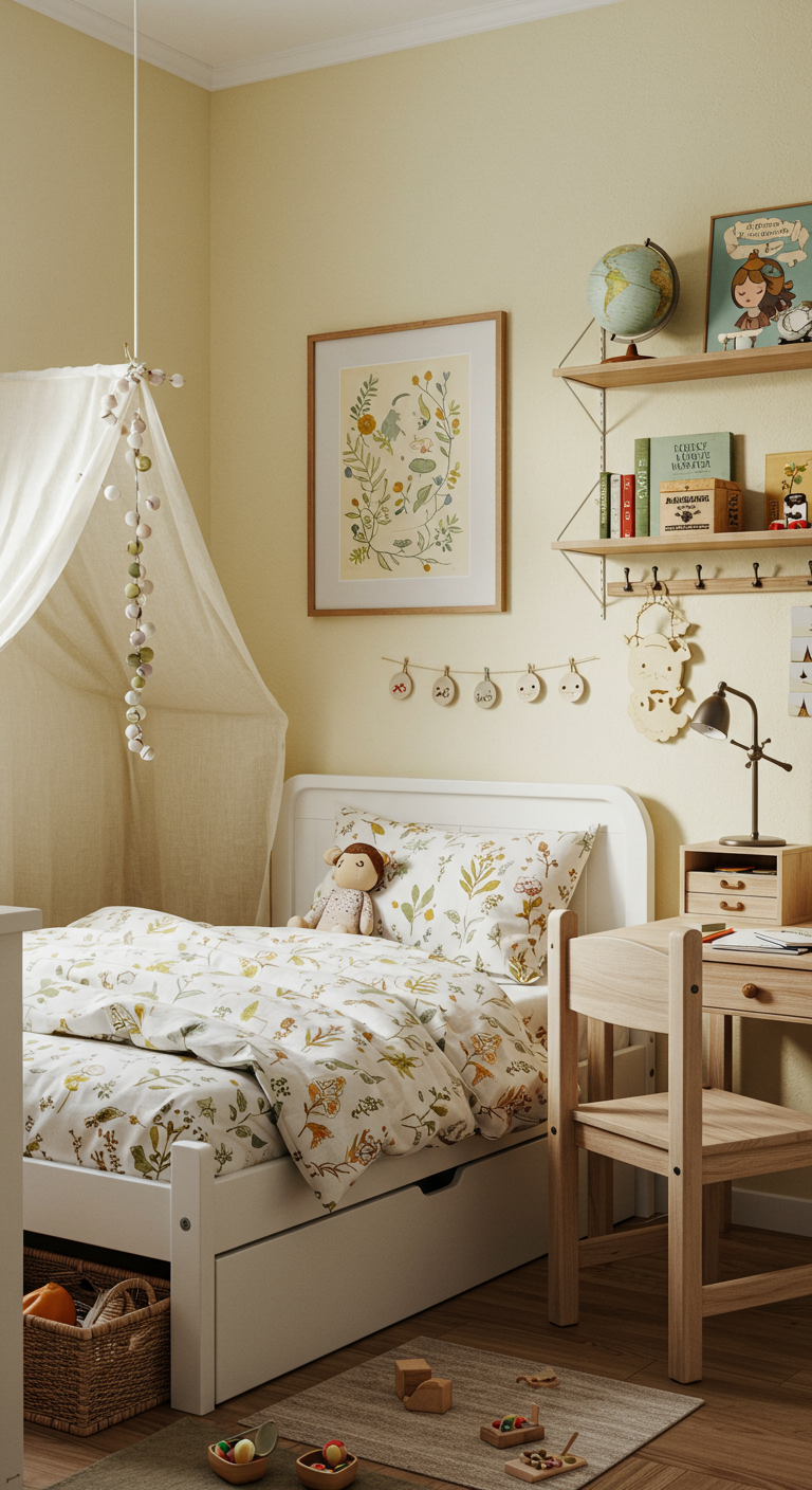 Helles Kinderzimmer in Gelb mit weißem Bett, Betthimmel und Holzmöbeln.