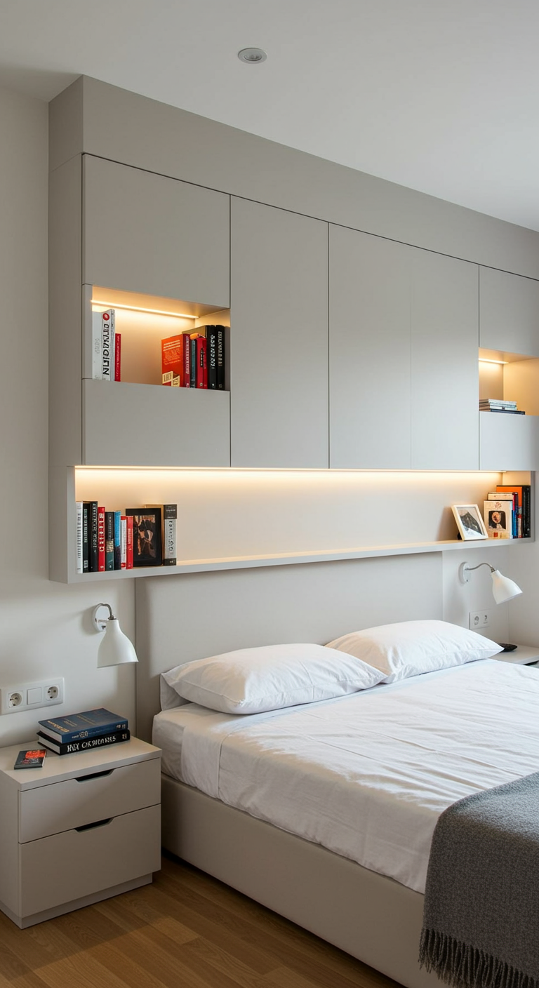 Schlafzimmer mit beleuchteter Nische über dem Bett als Regal und seitlichen Einbauschränken.