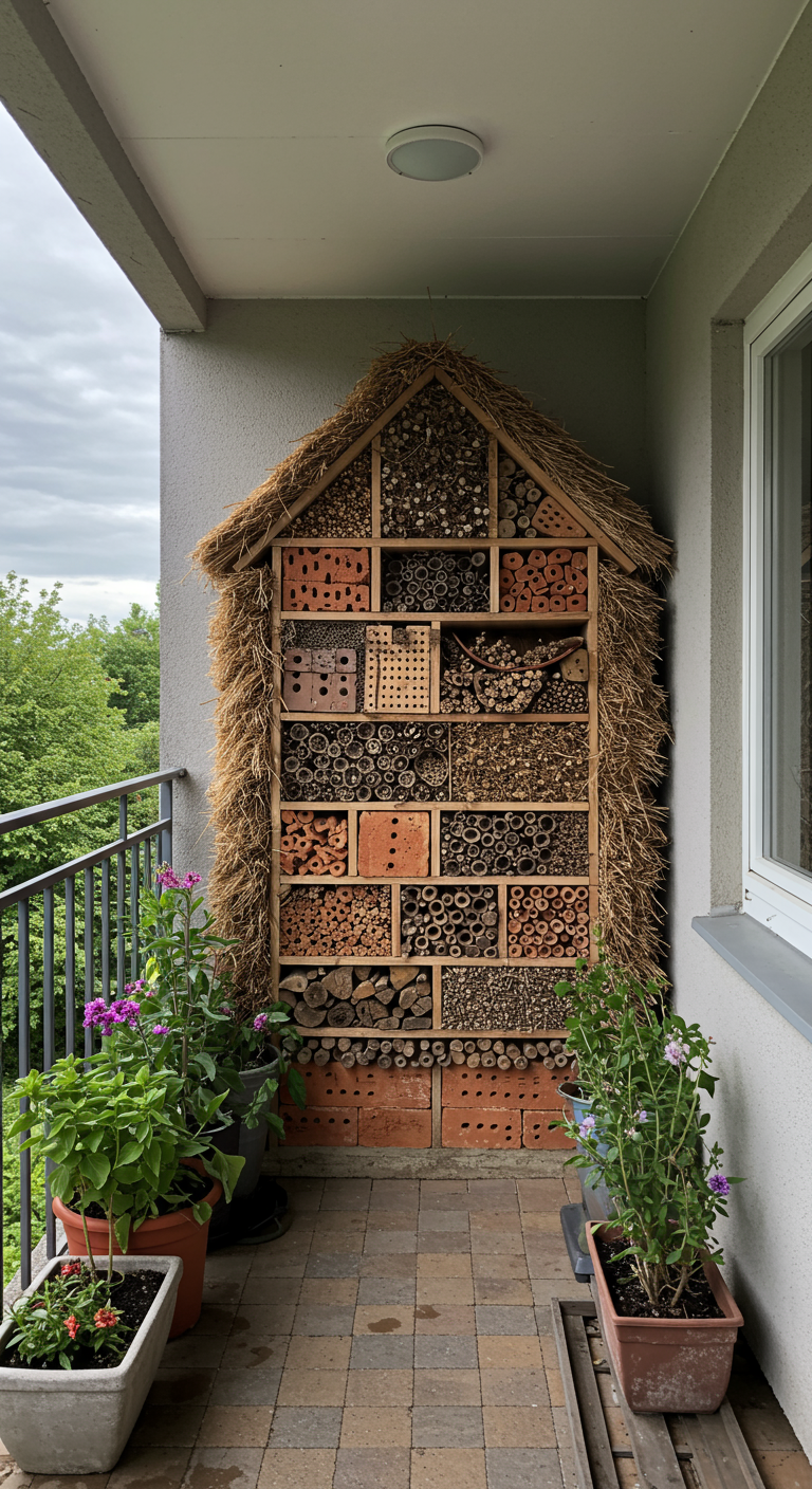 Großes, hohes Insektenhotel mit Strohdach auf einem Balkon, umgeben von Blumen.