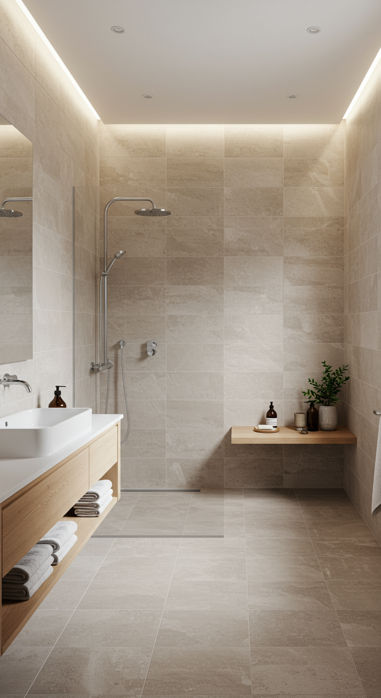 Ultra-minimalistische Walk-in-Dusche mit beigen Fliesen und schwebendem Holzbrett.