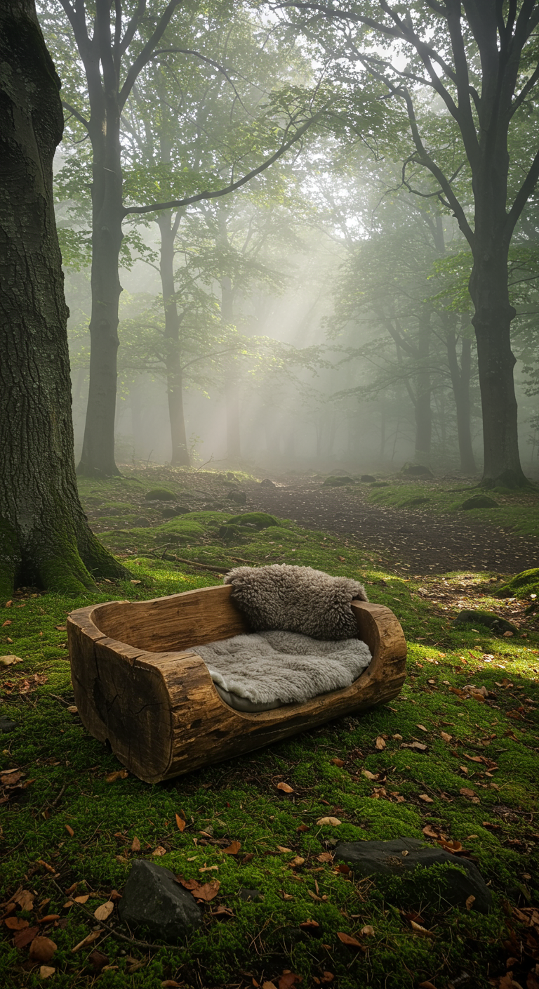 Ausgehöhltes Holzstamm-Bett mit flauschigem Kissen in einem nebligen Wald.