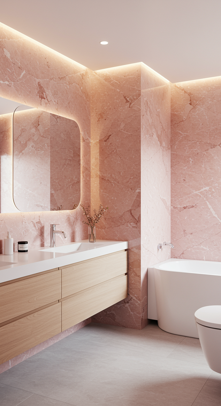Elegantes Bad mit großflächiger rosa Marmoroptik und integrierter Beleuchtung.