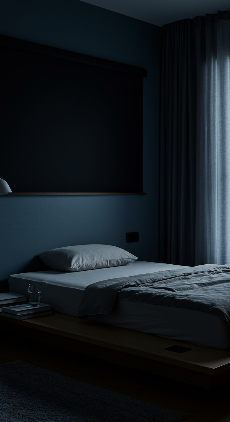 Minimalistisches Japandi Schlafzimmer in Dunkelblau mit niedrigem Bett.