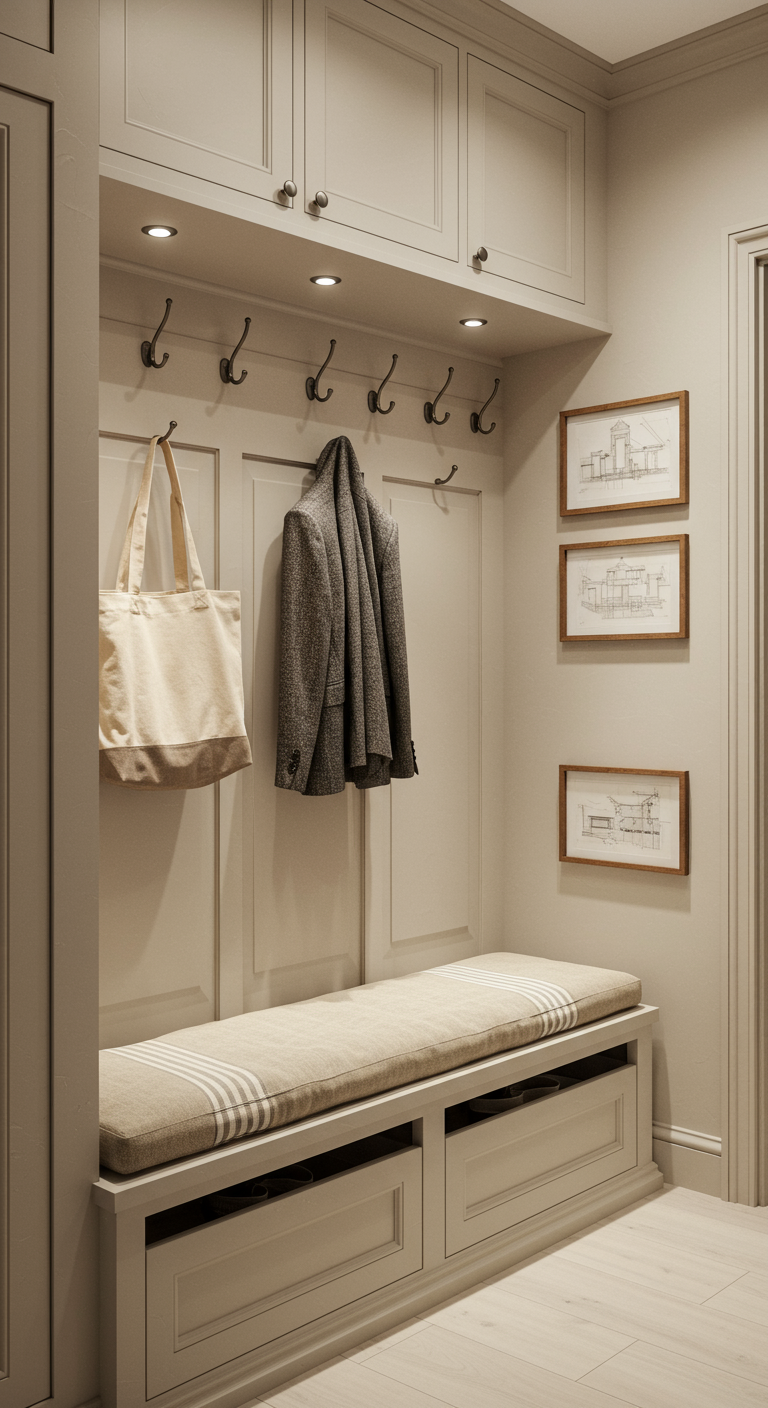 Eingebaute Garderobe in Greige mit Sitzbank, Haken und oberen Schränken.