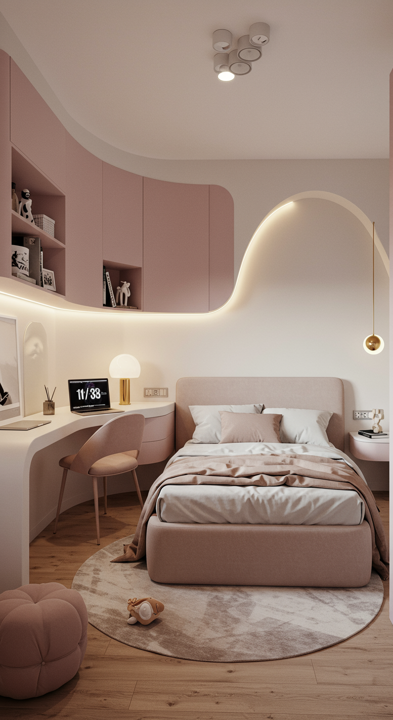 Modernes Schlafzimmer in Rosatönen mit geschwungenem Schreibtisch und organischen Formen.