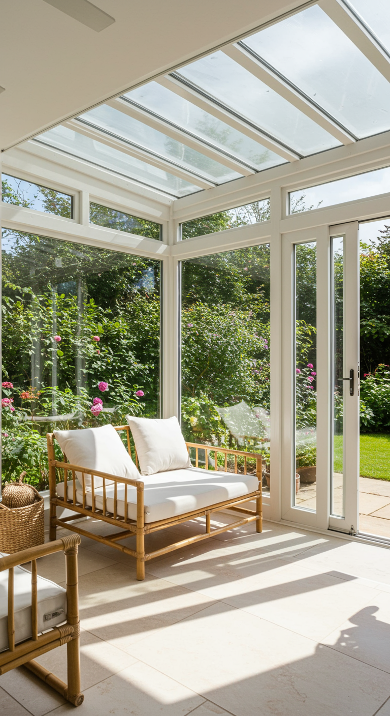 Helles Bambus-Daybed mit weißen Kissen in einem sonnendurchfluteten Glashaus mit Gartenblick.