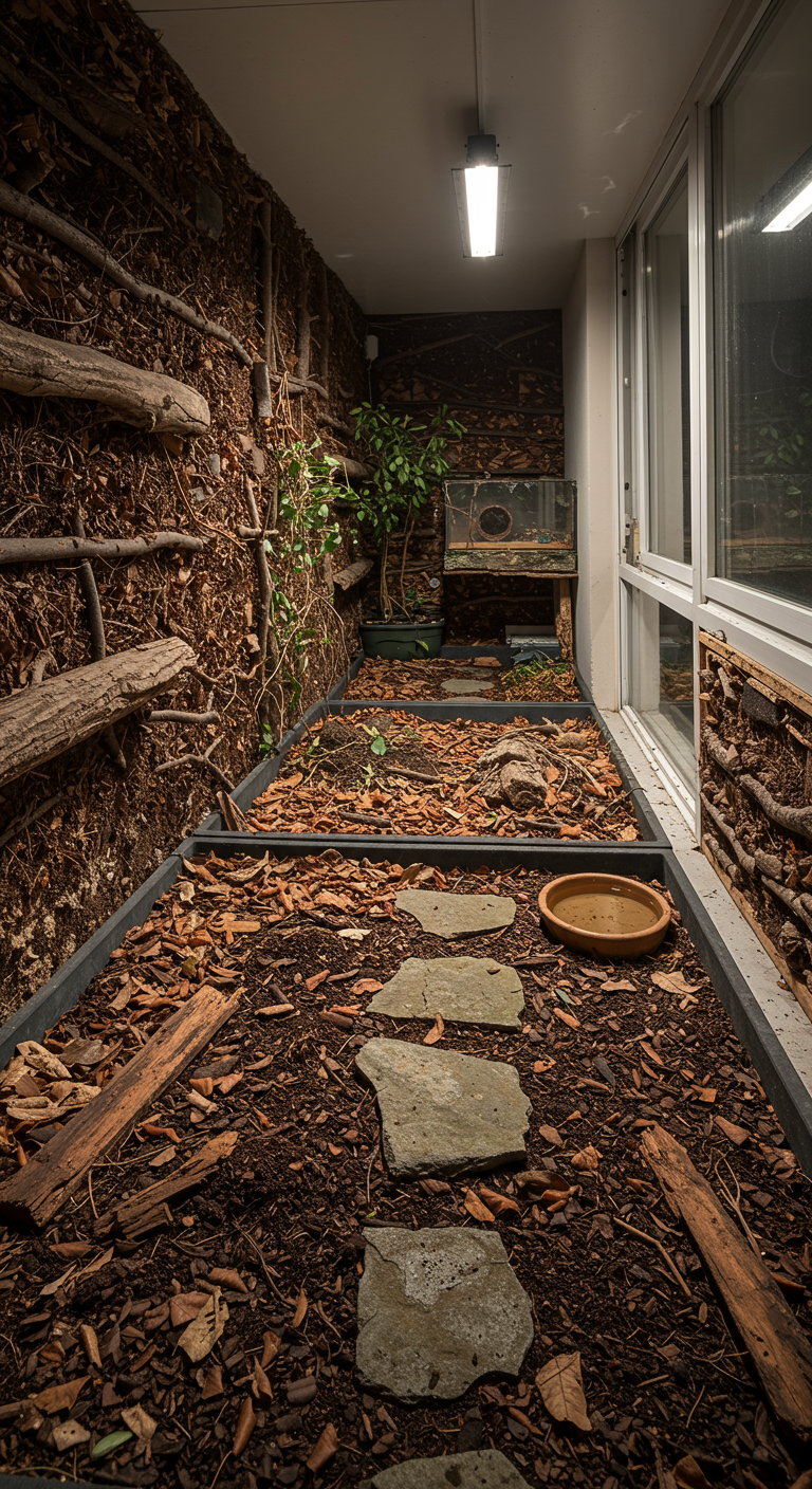 Dunkler, bewachsener Balkon mit Steinfliesen, Futterstation und Terrarium.