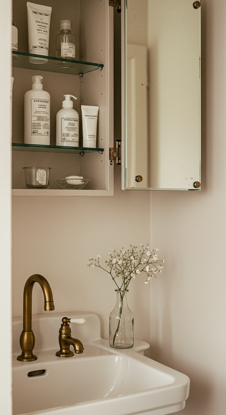 Badezimmer-Detail: Messing-Armatur, Spiegelschrank und Vase mit Schleierkraut.