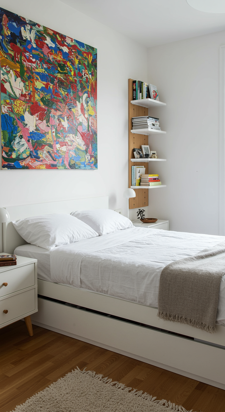 Weißes Schlafzimmer mit großem, buntem abstraktem Gemälde über dem Bett.