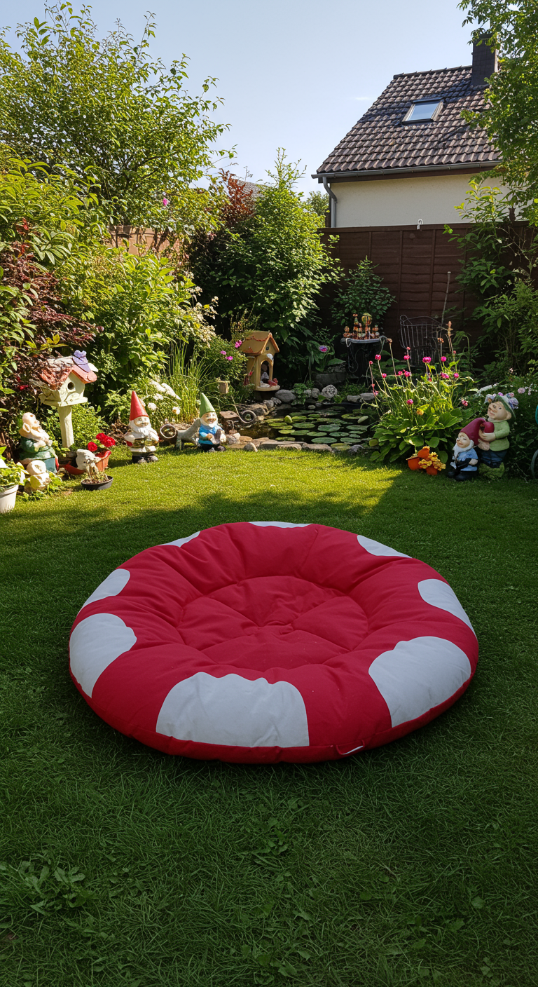 Riesiges rotes Bodenkissen mit weißen Punkten in einem märchenhaften Garten mit Gartenzwergen.