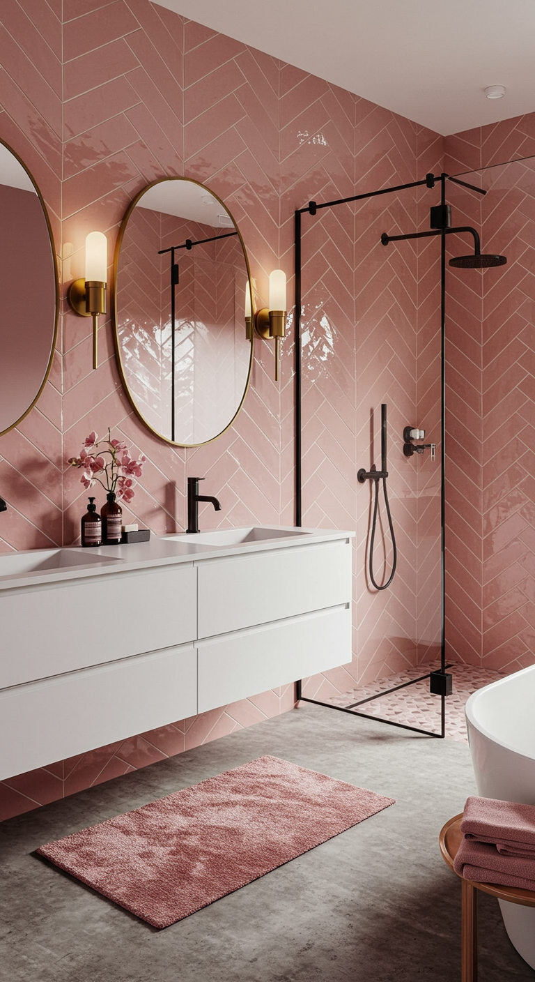 Bad mit rosa Fischgrätfliesen, schwarzen Armaturen und goldenen Spiegeln.