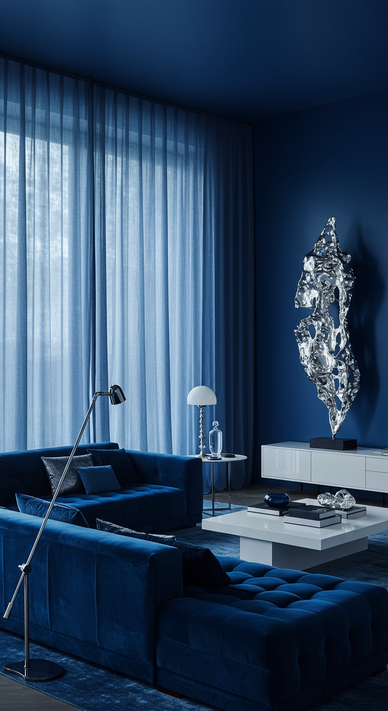 Elegantes Wohnzimmer in tiefem Blau mit Samtsofa und silberner Skulptur.