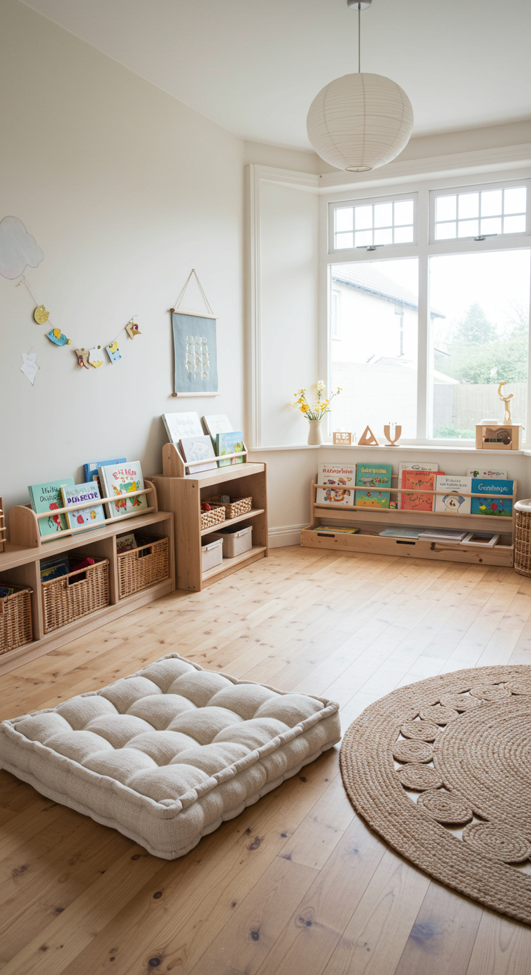 Heller Spielbereich mit niedrigen Bücherregalen und gemütlichem Bodenkissen.