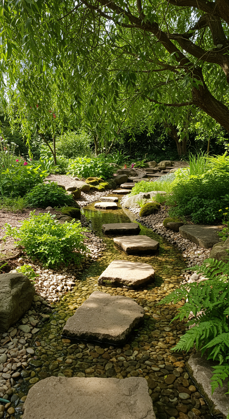 Trittsteine über einen flachen Bachlauf unter Bäumen in einem grünen Garten.