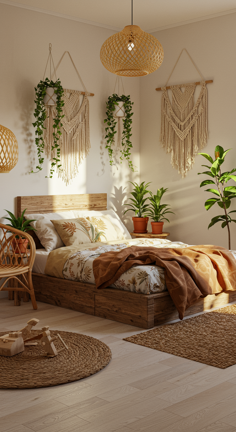 Boho-Schlafzimmer mit Holzbett, Makramee-Wandbehang, Rattan-Sessel und vielen Pflanzen.