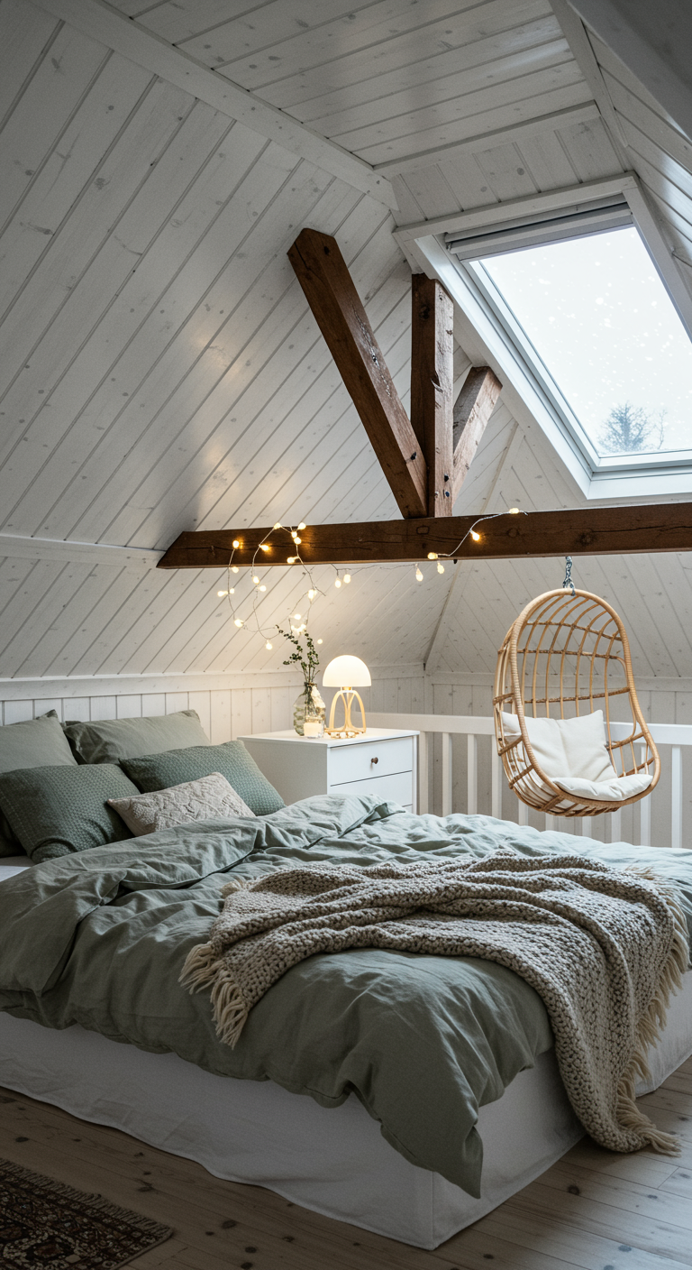 Skandinavisches Schlafzimmer unter Dachschräge mit Hängesessel und Lichterkette.