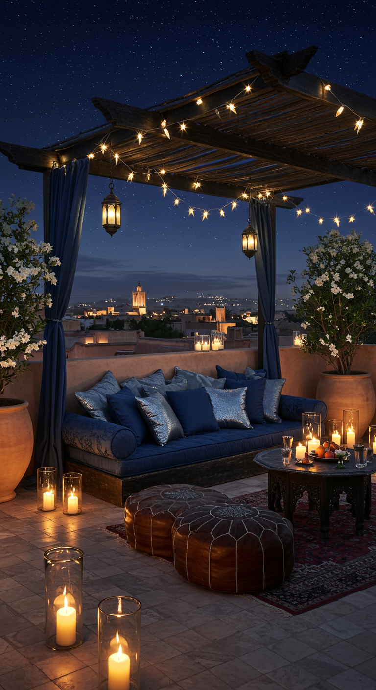 Romantische Dachterrasse mit blauen Polstern und Lichterketten.