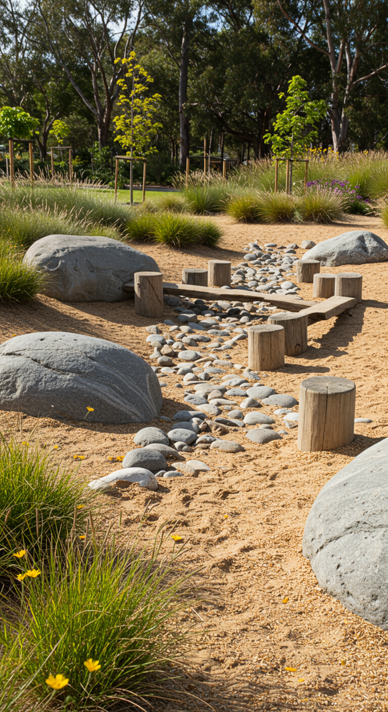 Naturspielbereich mit Holzstämmen zum Balancieren, großen Steinen und Sand.