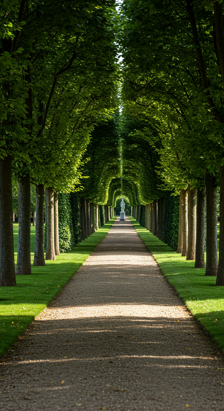 Lange, gerade Allee mit Kiesweg und formgeschnittenen Bäumen, die zu einer Statue führt.