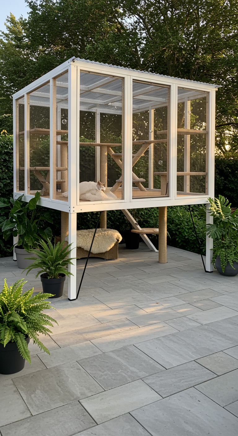Großes, weißes Outdoor-Katzengehege mit Kratzbäumen und Schafsfell auf einer Terrasse.