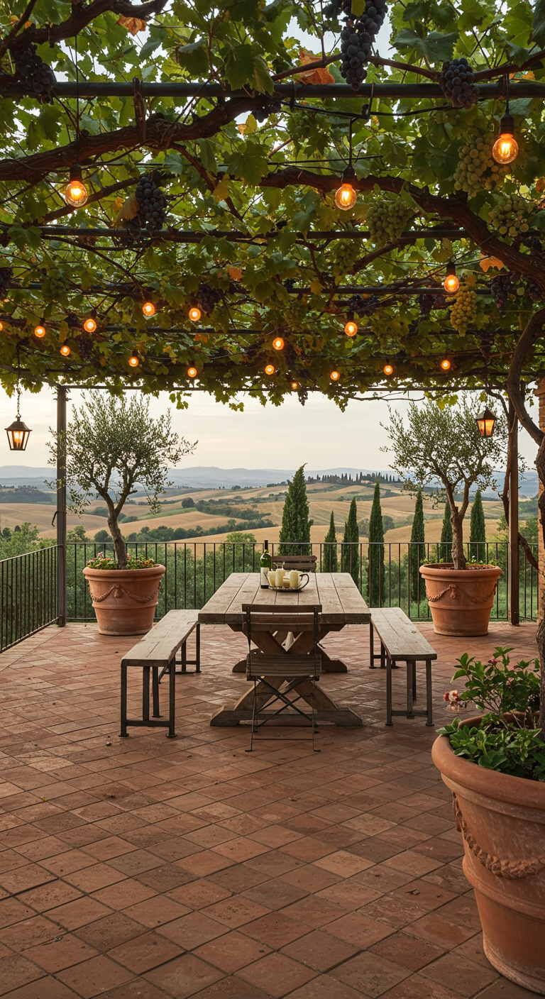 Terrasse mit weinbewachsener Pergola, Holztisch und Blick auf die Toskana.