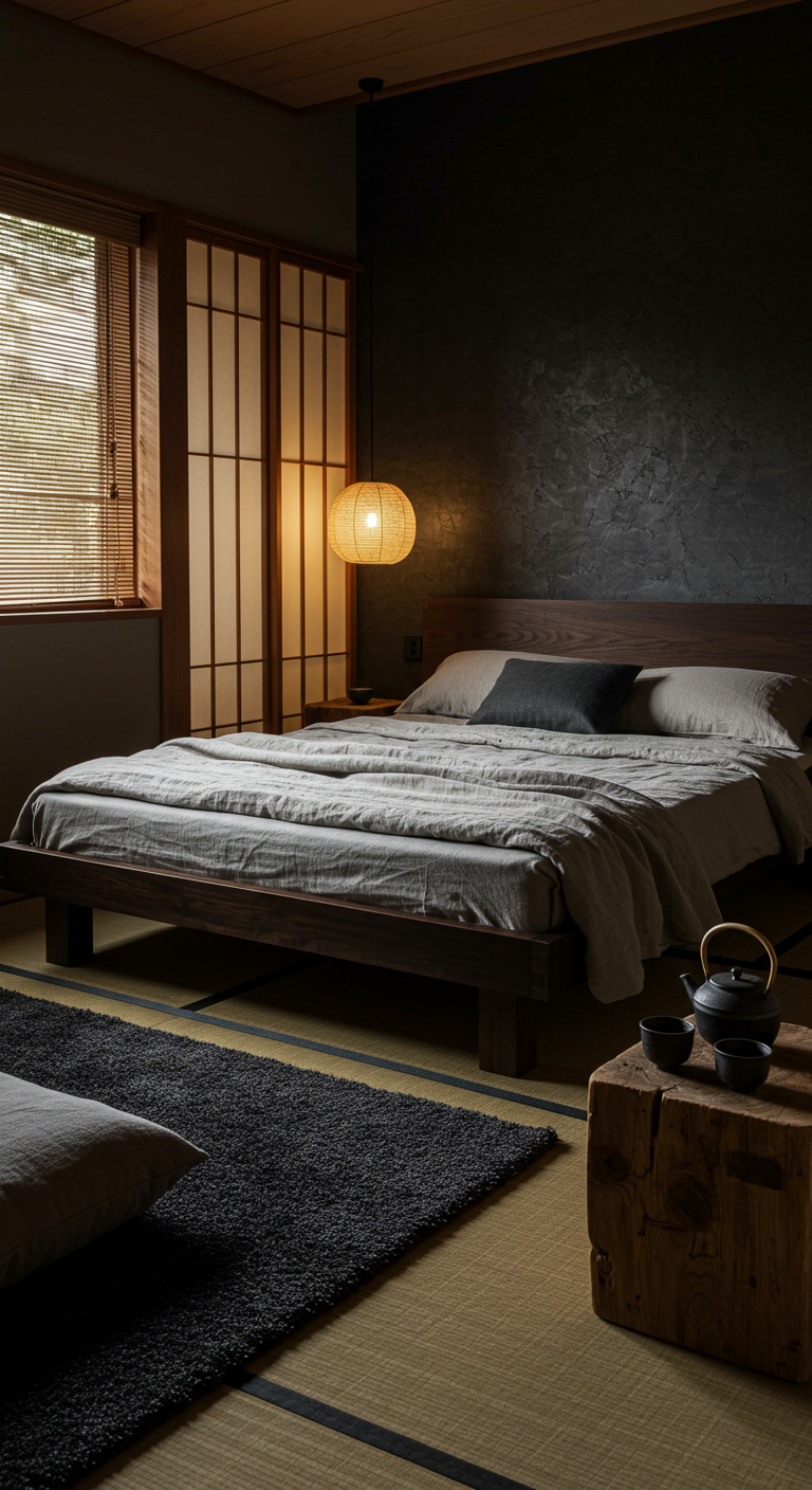 Dunkles Japandi-Schlafzimmer mit Holzbett, Tatami-Boden und Papierlaterne.