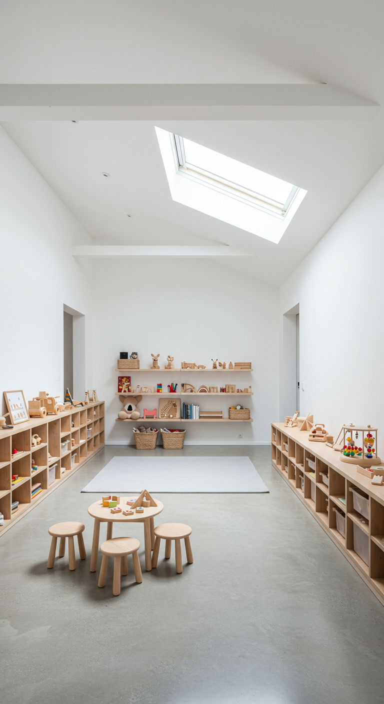 Helles, offenes Spielzimmer mit niedrigen Holzregalen und Spieltisch.