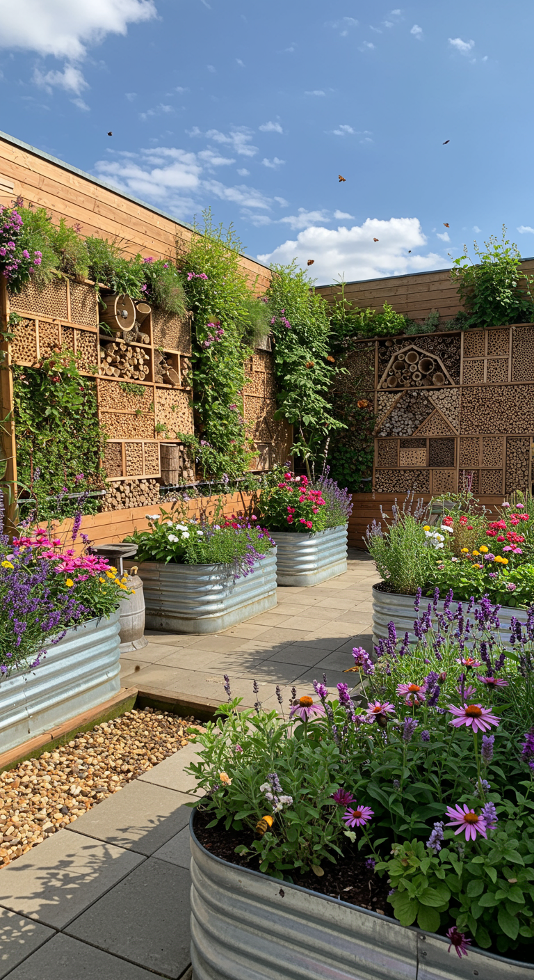 Große Dachterrasse mit bunten Hochbeeten, zahlreichen Insektenhotels und Schmetterlingen.