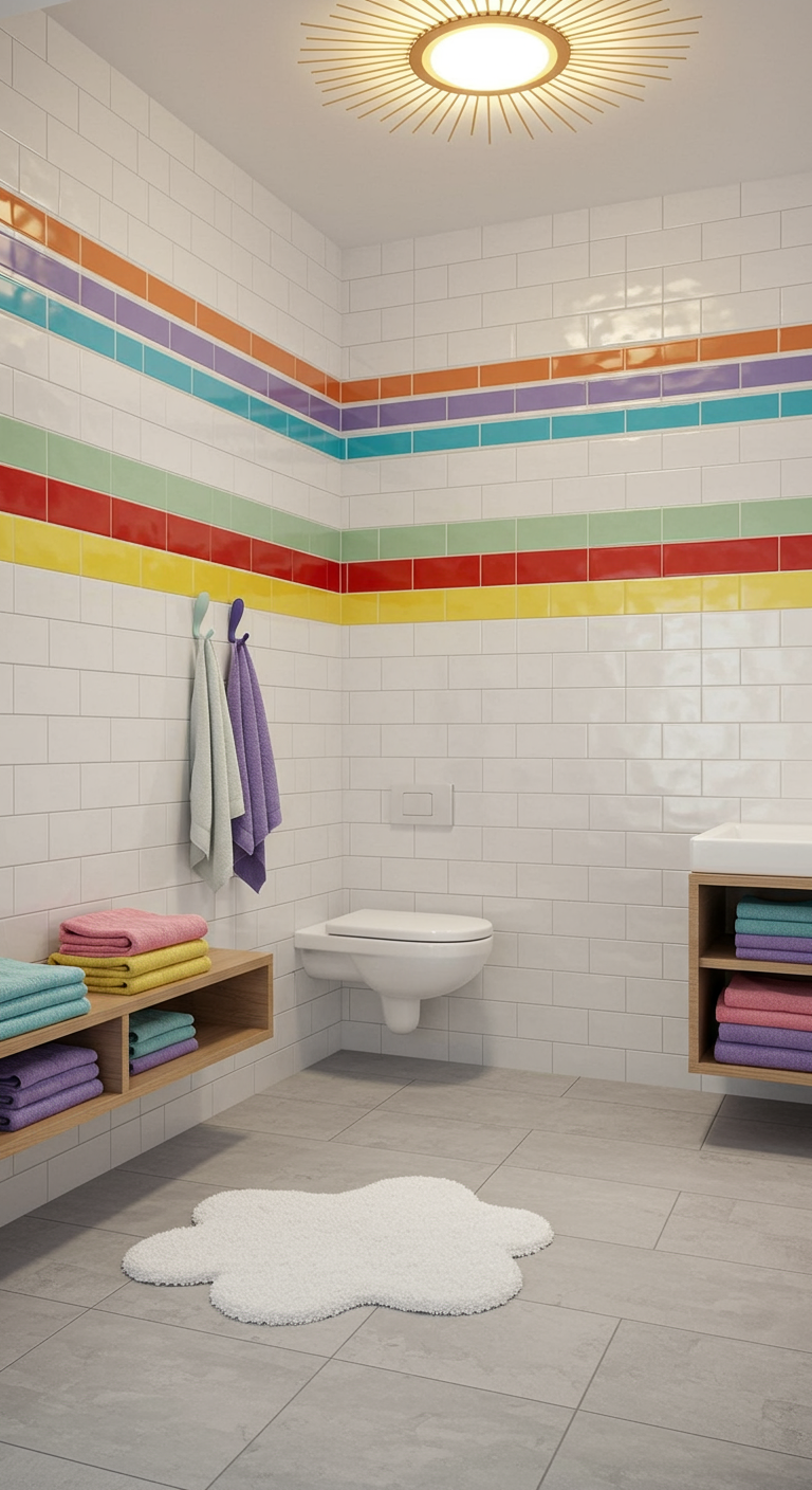 Helles Kinderbad mit weißen Fliesen und bunten Regenbogenstreifen.