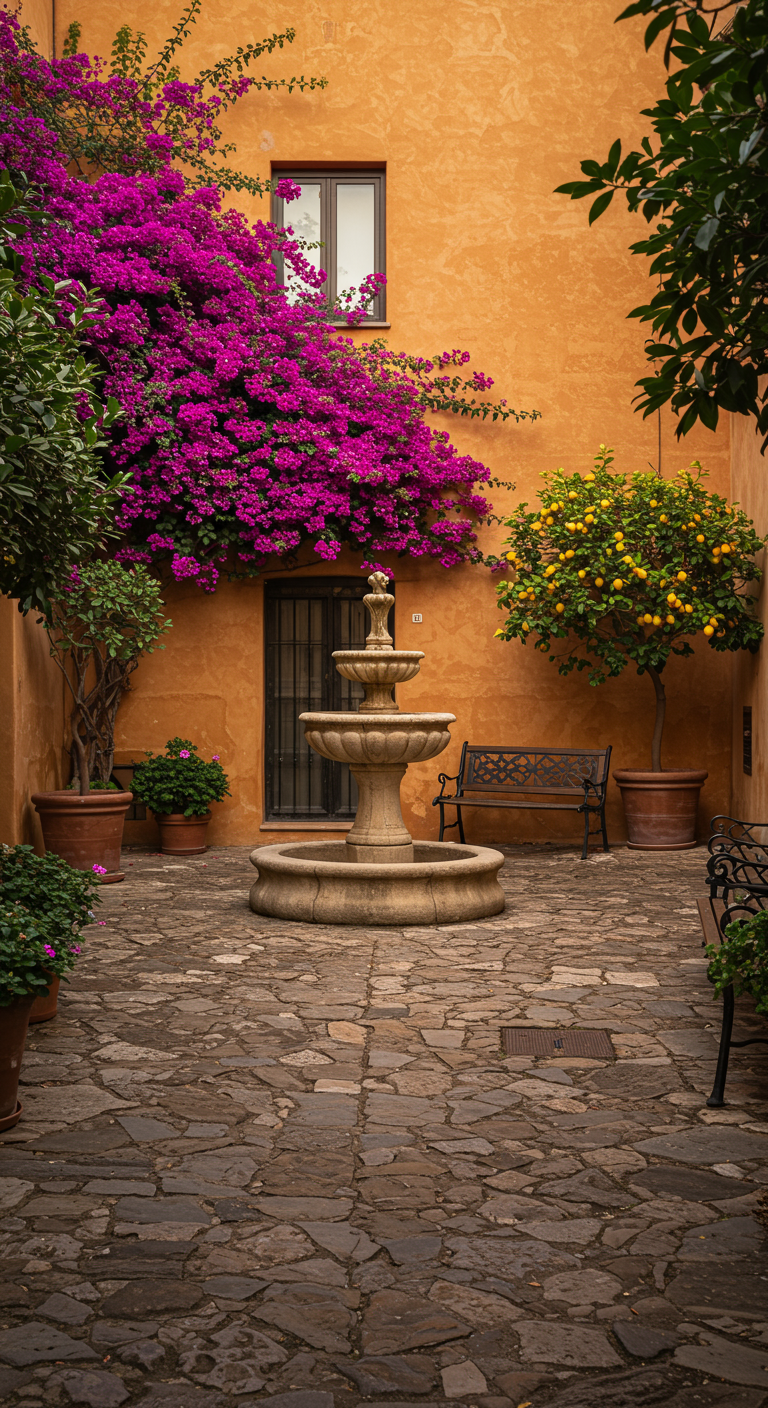 Innenhof mit Brunnen, pinker Bougainvillea, Zitronenbaum in Terrakotta-Topf und Steinboden.