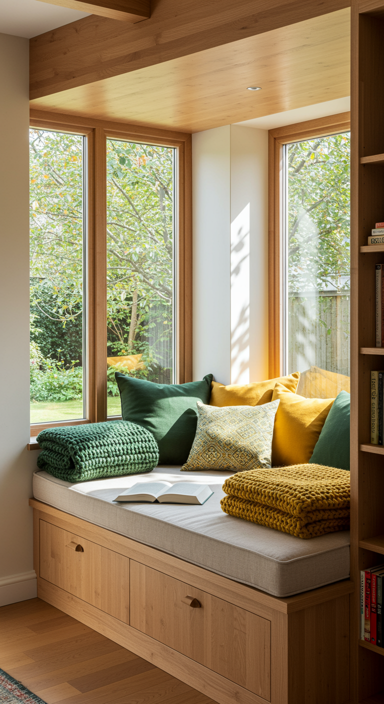 Gemütliche Fenstersitzbank mit bunten Kissen und integriertem Stauraum.