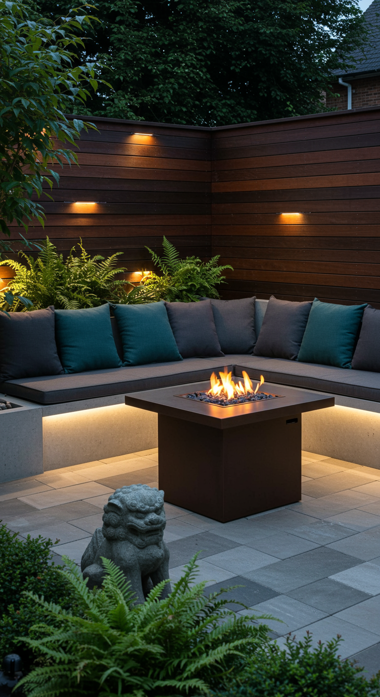 Moderne Gartenecke mit Feuerstelle, Sitzbank und Wächterlöwen-Statue.