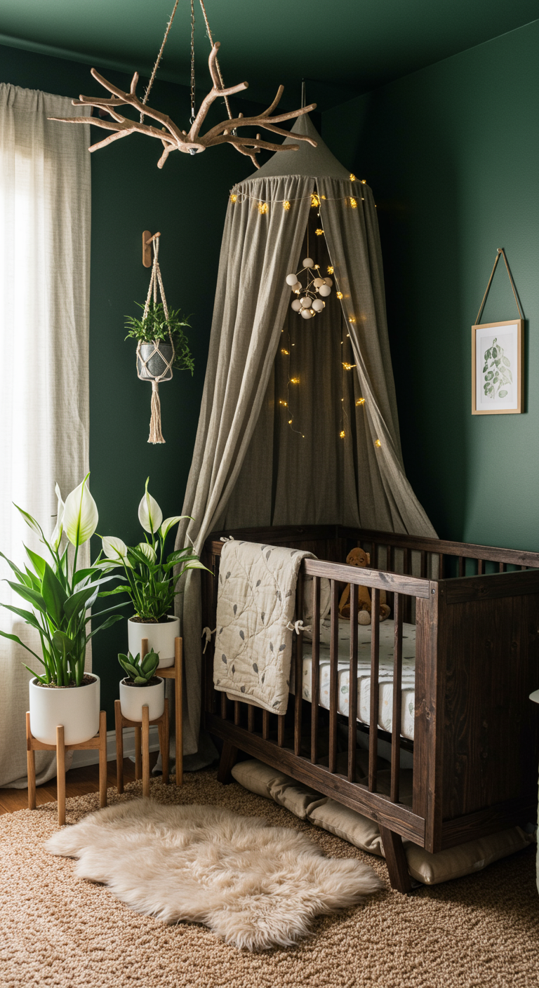 Babyzimmer mit dunkelgrünen Wänden, Holzbettchen unter einem Baldachin und Pflanzen.