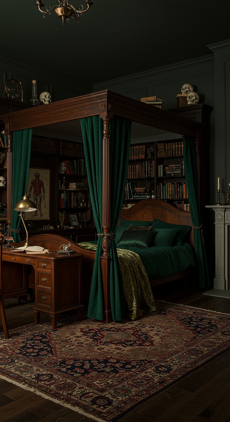 Dunkles Schlafzimmer mit Himmelbett, Büchern und Schreibtisch im Dark Academia Stil.