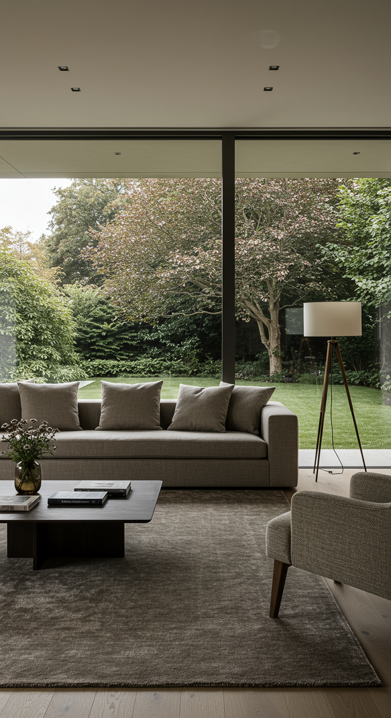 Modernes Wohnzimmer mit großem Fenster zum Garten, graues Sofa, Holztisch.