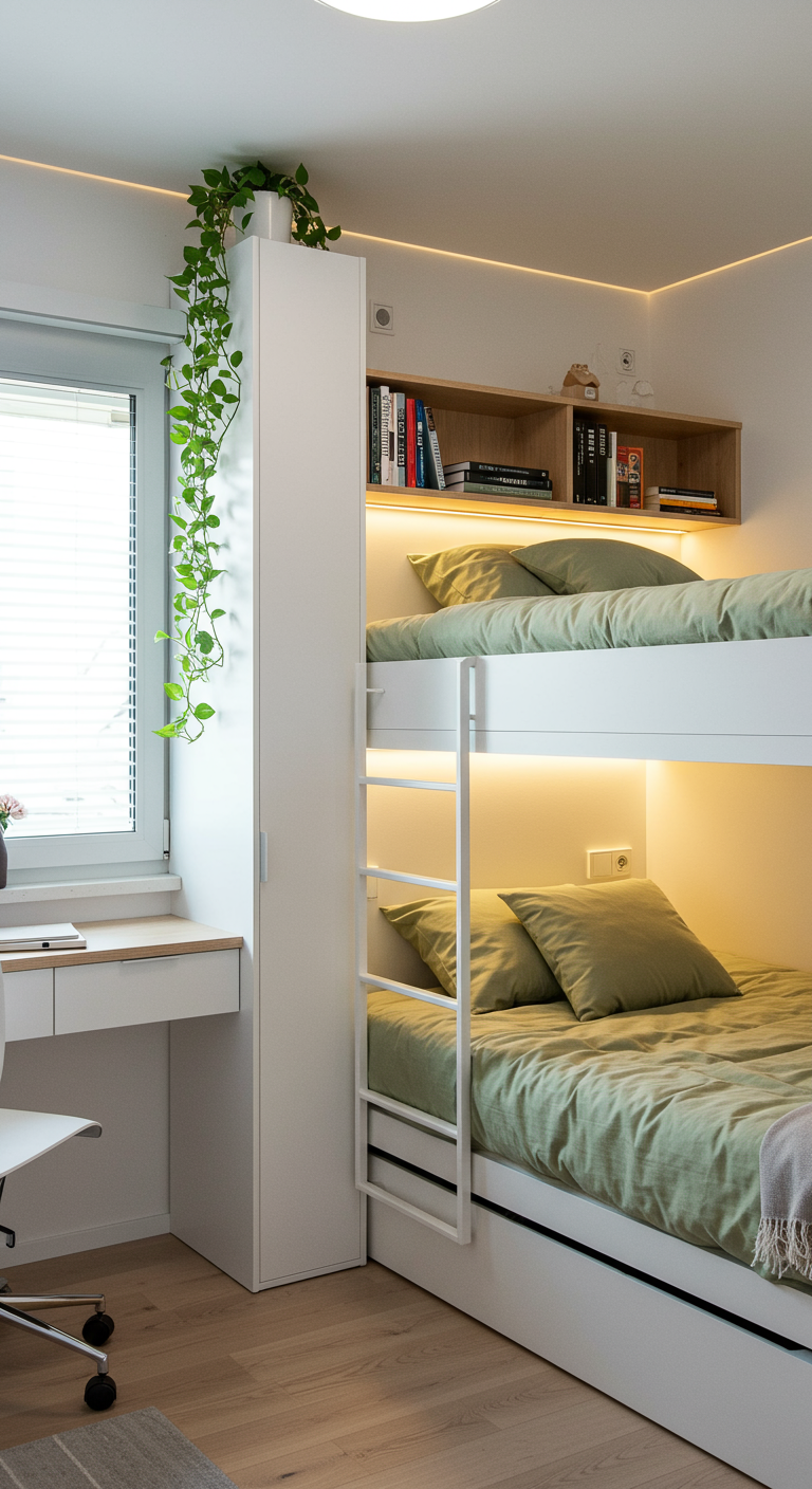 Weißes Etagenbett mit integriertem Schreibtisch und Hängeschrank in einem Kinderzimmer.