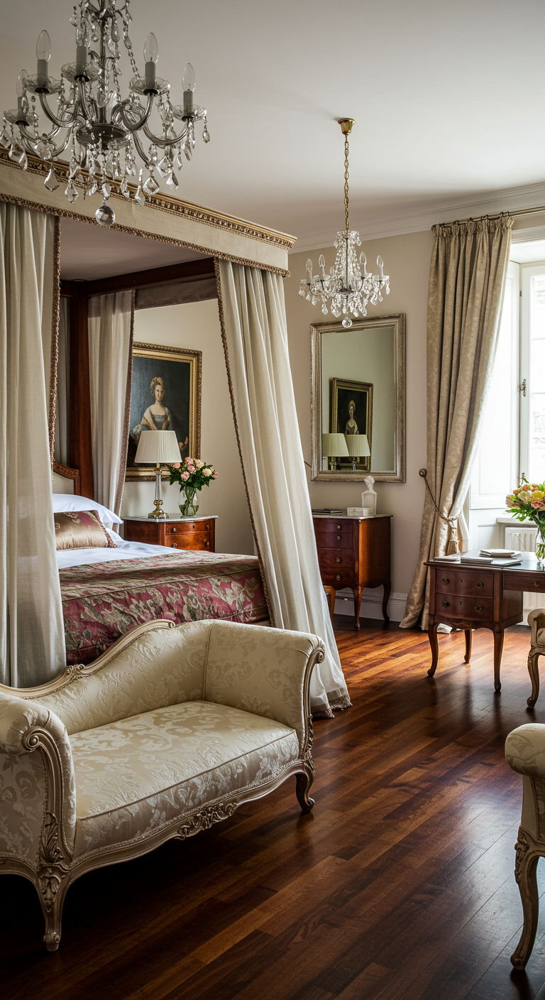 Opulentes Schlafzimmer mit Himmelbett, Kristallleuchtern und antiken Möbeln.