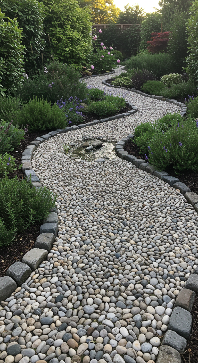 Heller Kieselweg im Garten mit kleinem Wasserlauf und Steinumrandung.