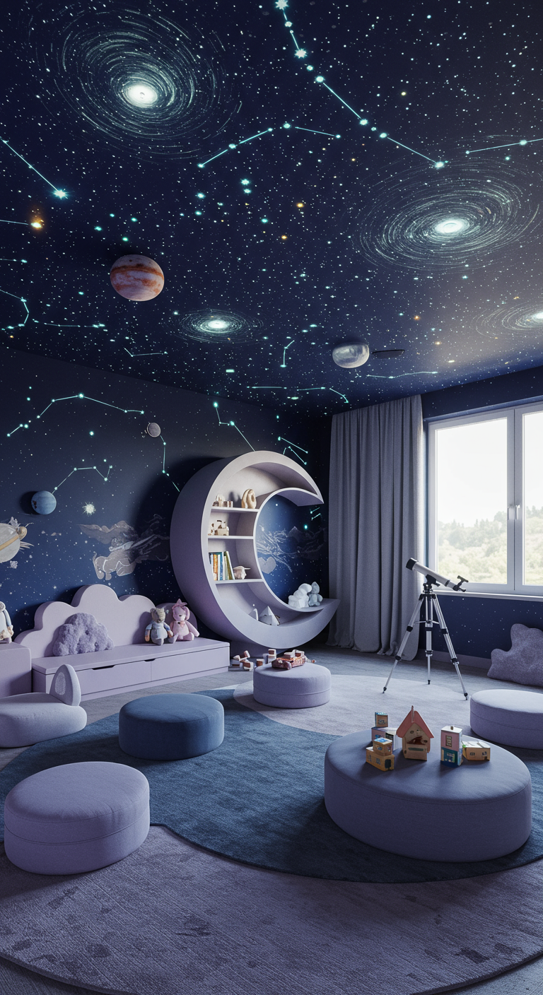 Kinderzimmer im Weltraum-Look mit Sternenhimmel, Mondregal und Teleskop.