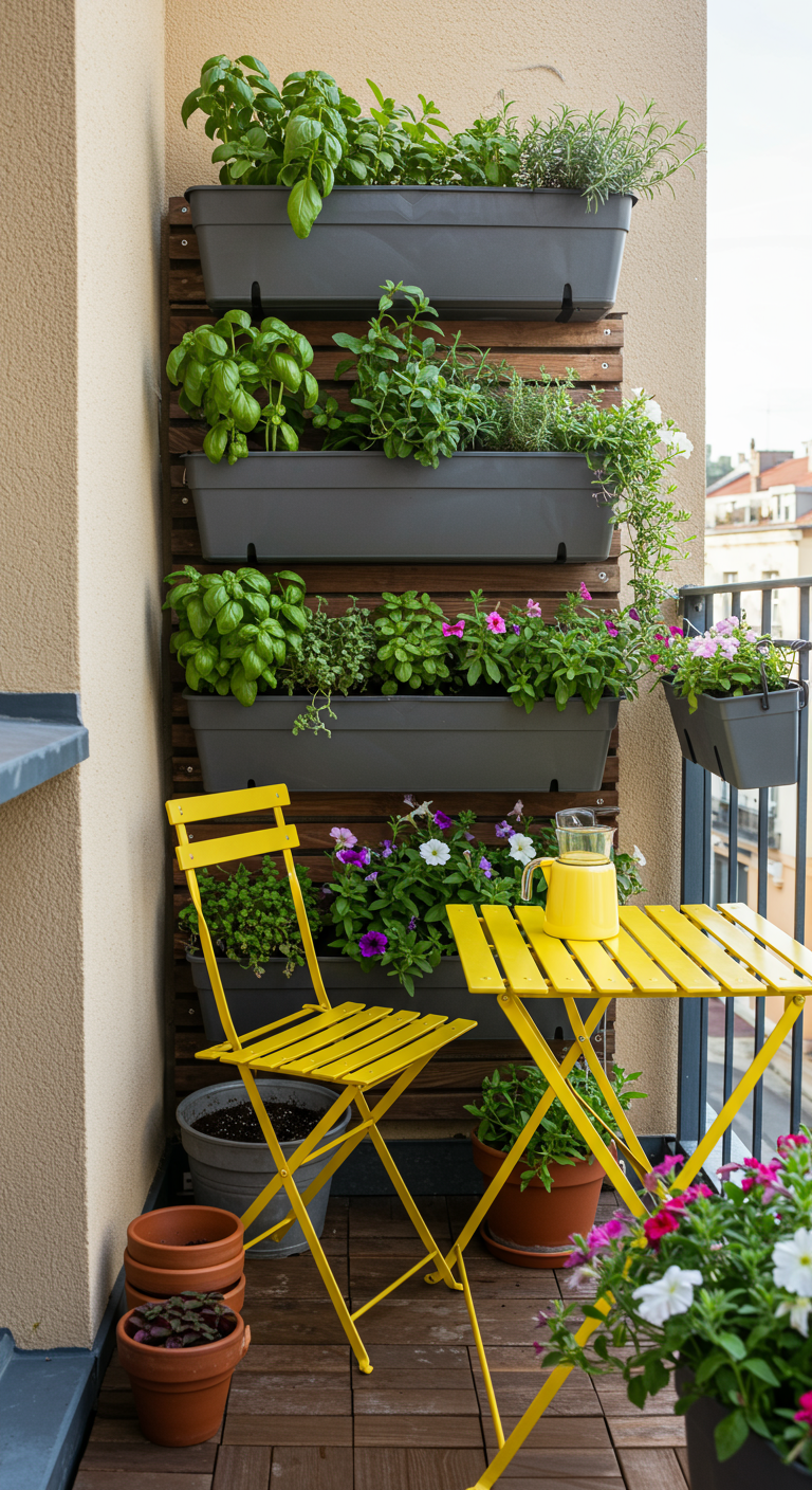 Balkon mit vertikalem Kräutergarten und gelbem Bistro-Set.