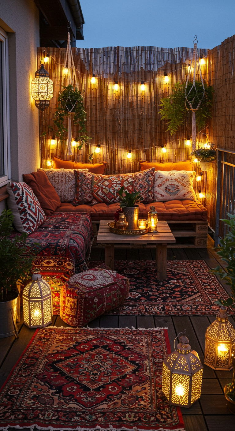Boho-Balkon bei Nacht mit Palettensofa, vielen Kissen, Teppichen und Laternen.