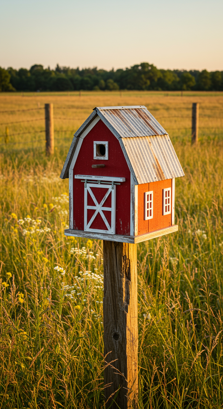 Rotes Scheunen-Vogelhaus mit weißer Zier und Metalldach in einem sonnigen Feld.