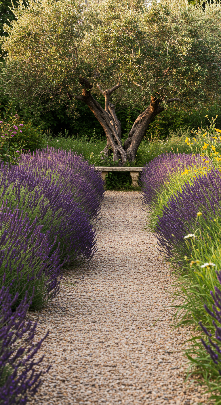 Kiesweg gesäumt von blühendem Lavendel führt zu Steinbank unter Olivenbaum.