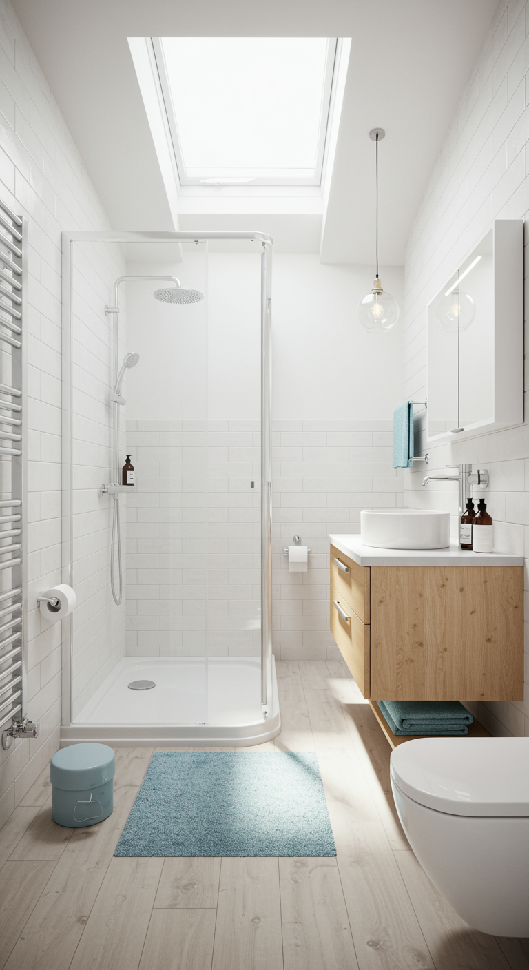 Helles Badezimmer mit Dachfenster, weißen Fliesen und Holzunterschrank.