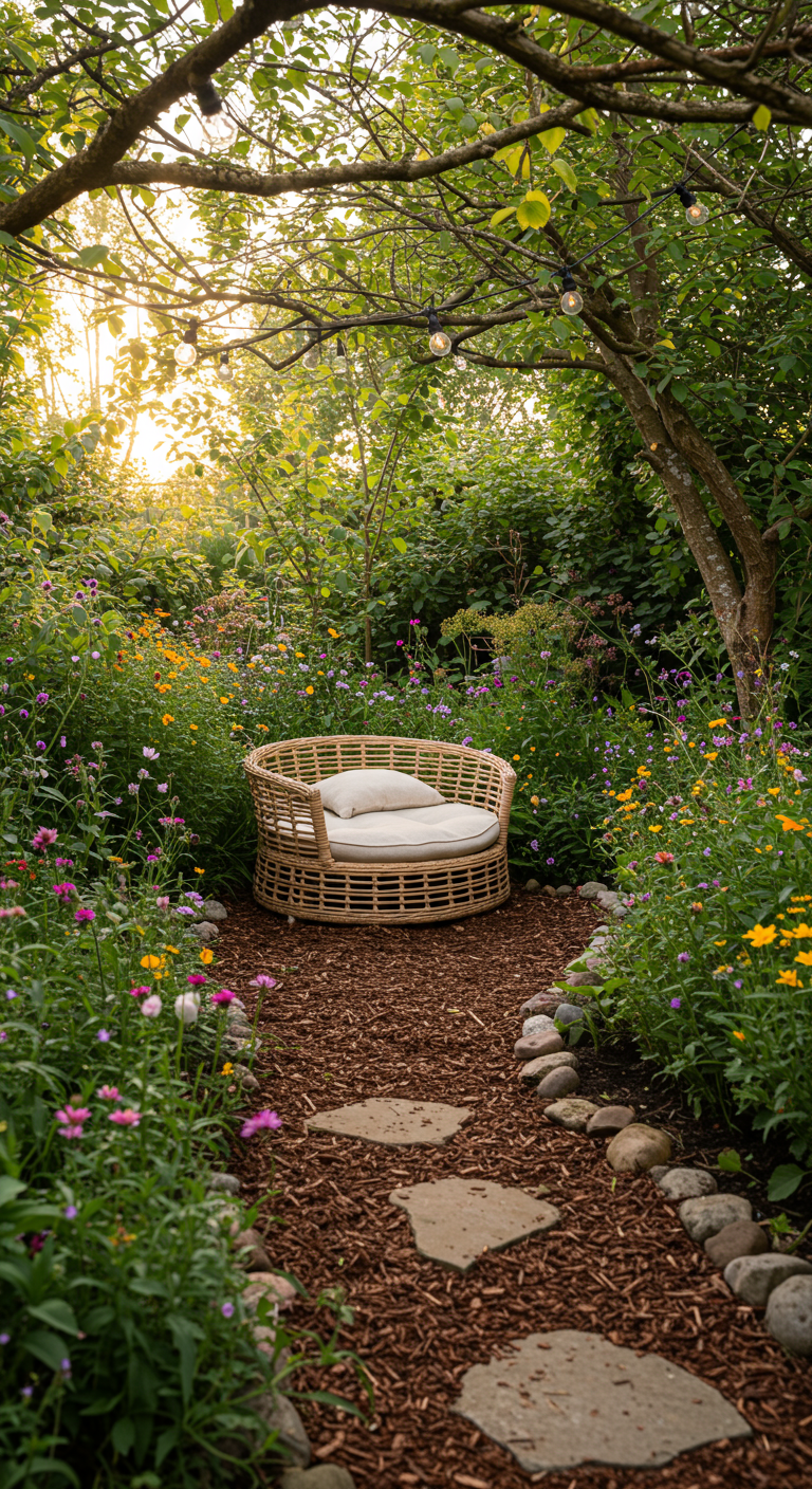 Runder Weidenkorb-Sessel mit Kissen in einem blühenden, märchenhaften Gartenpfad.