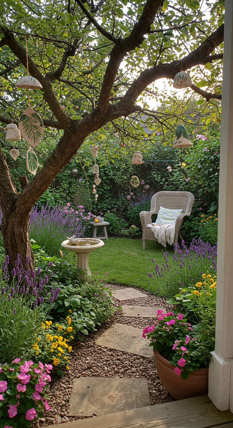 Romantischer Cottage Garten mit Lavendel, Korbsessel und zarten Keramik-Windspielen.