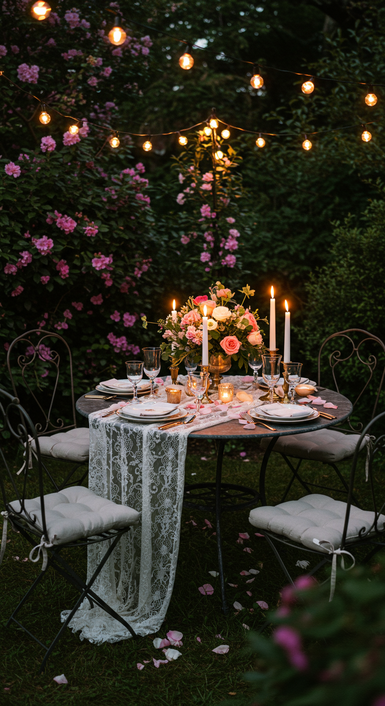 Romantisch gedeckter Gartentisch bei Nacht mit Rosen, Kerzen und Lichterketten.
