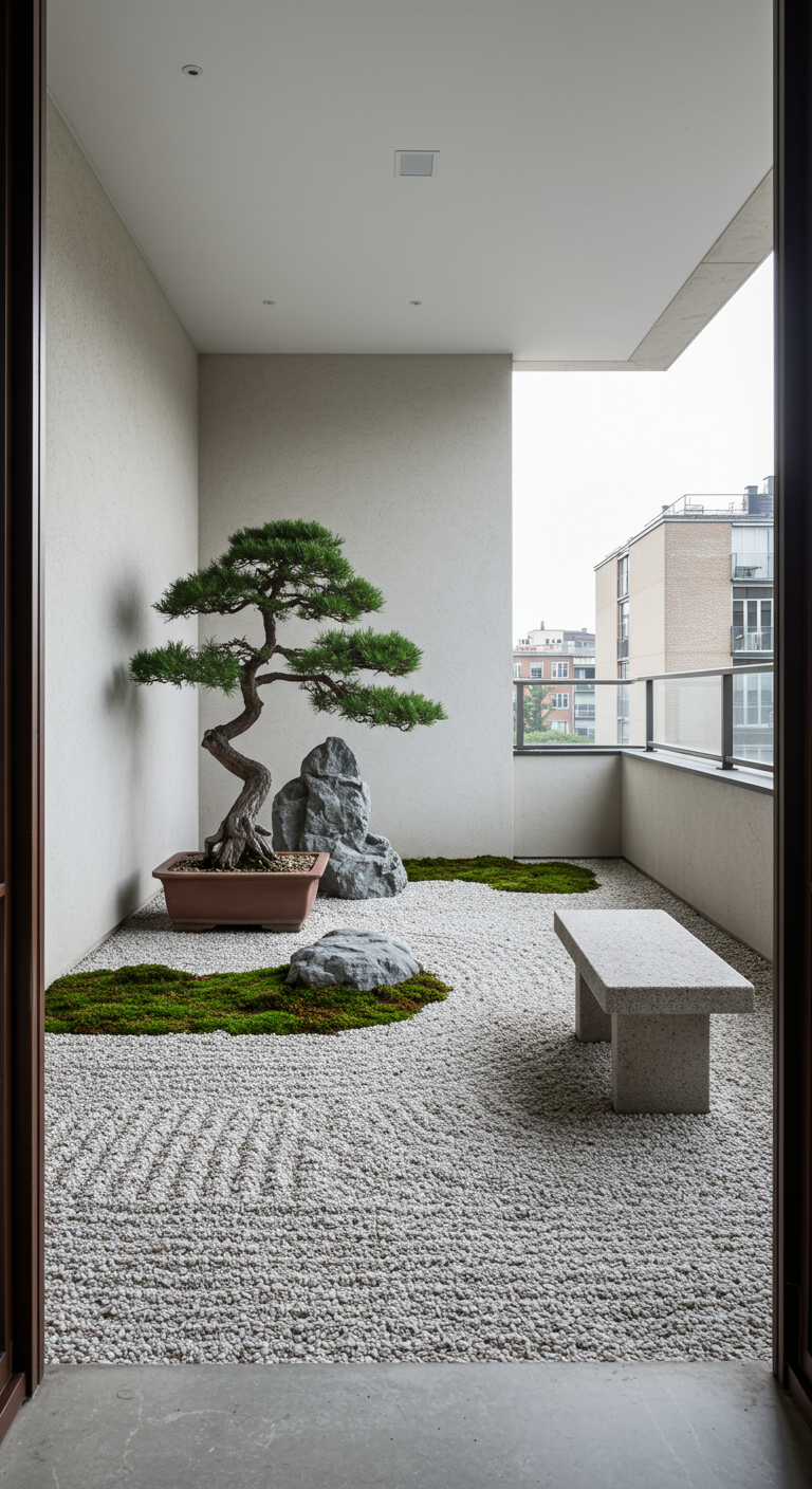 Minimalistischer Zen-Garten auf Balkon mit Bonsai und Kiesbett.