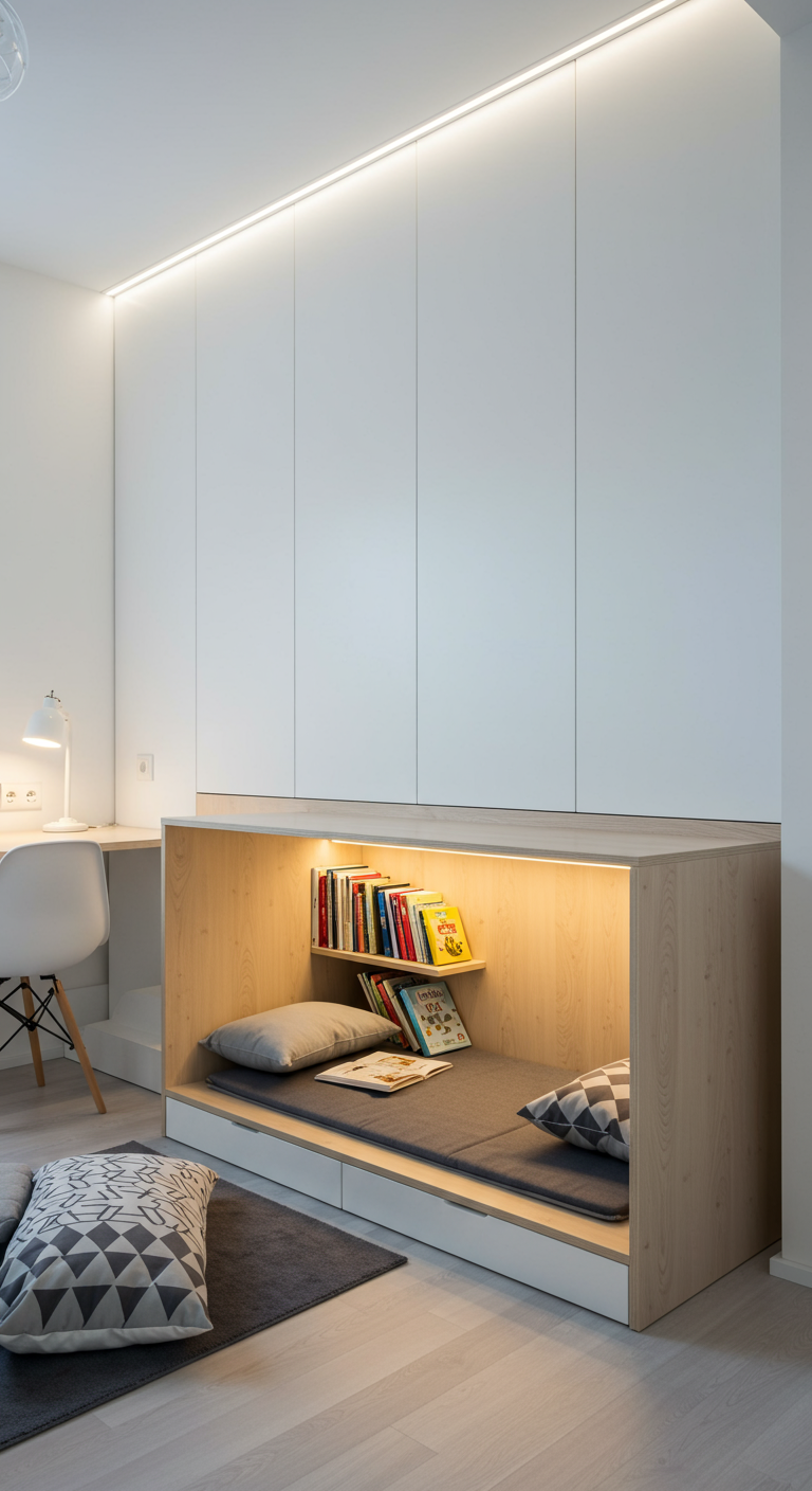 Moderne eingebaute Leseecke in hellem Holz unter weißen Schränken, mit LED-Beleuchtung.