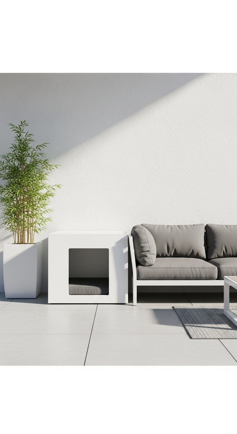 Moderne weiße Hundehütte neben grauer Couch auf heller Terrasse mit Bambuspflanze.